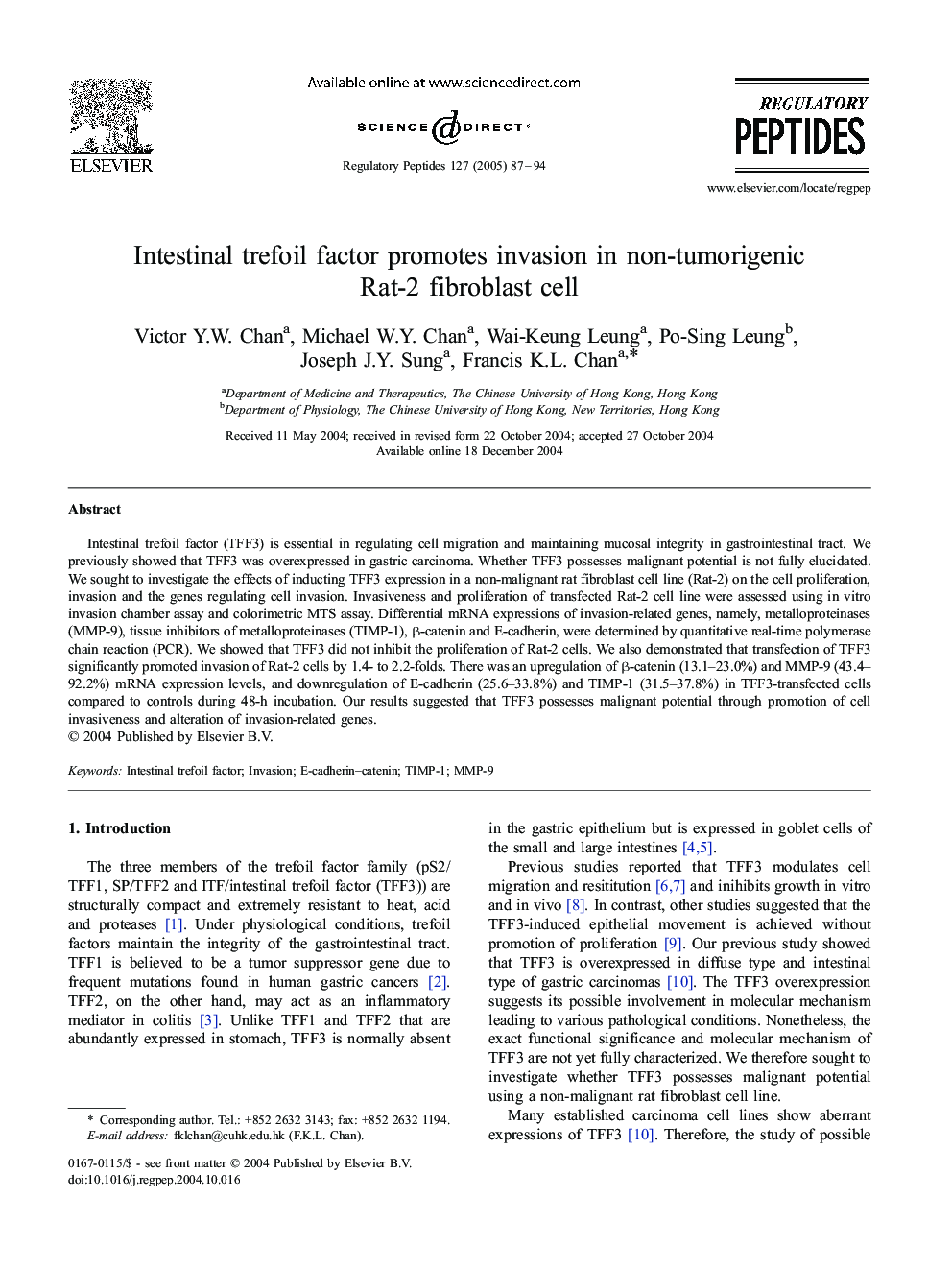 Intestinal trefoil factor promotes invasion in non-tumorigenic Rat-2 fibroblast cell