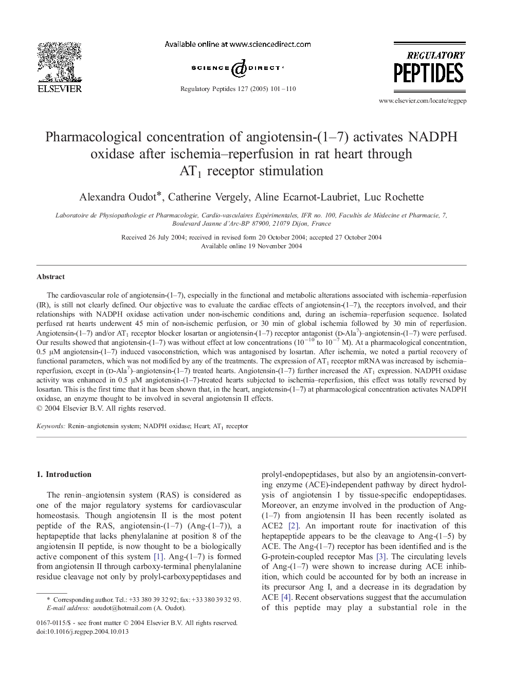 Pharmacological concentration of angiotensin-(1-7) activates NADPH oxidase after ischemia-reperfusion in rat heart through AT1 receptor stimulation