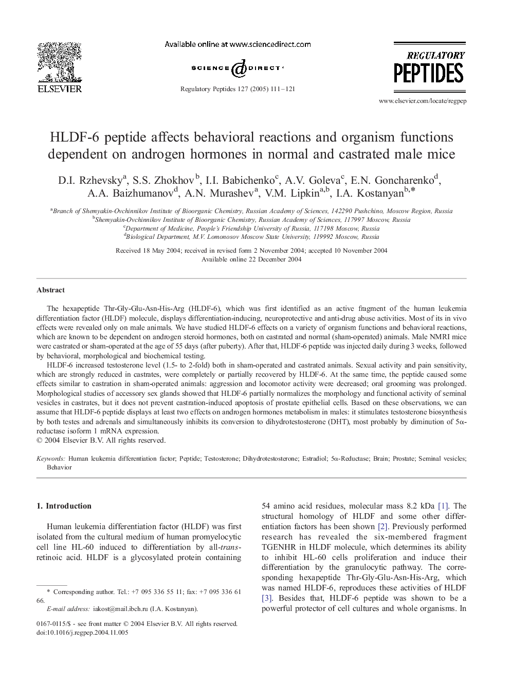 HLDF-6 peptide affects behavioral reactions and organism functions dependent on androgen hormones in normal and castrated male mice