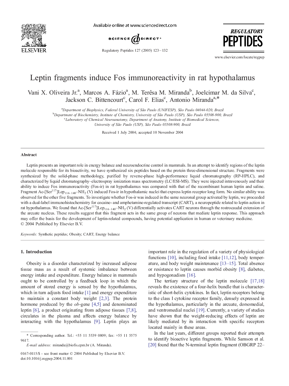 Leptin fragments induce Fos immunoreactivity in rat hypothalamus