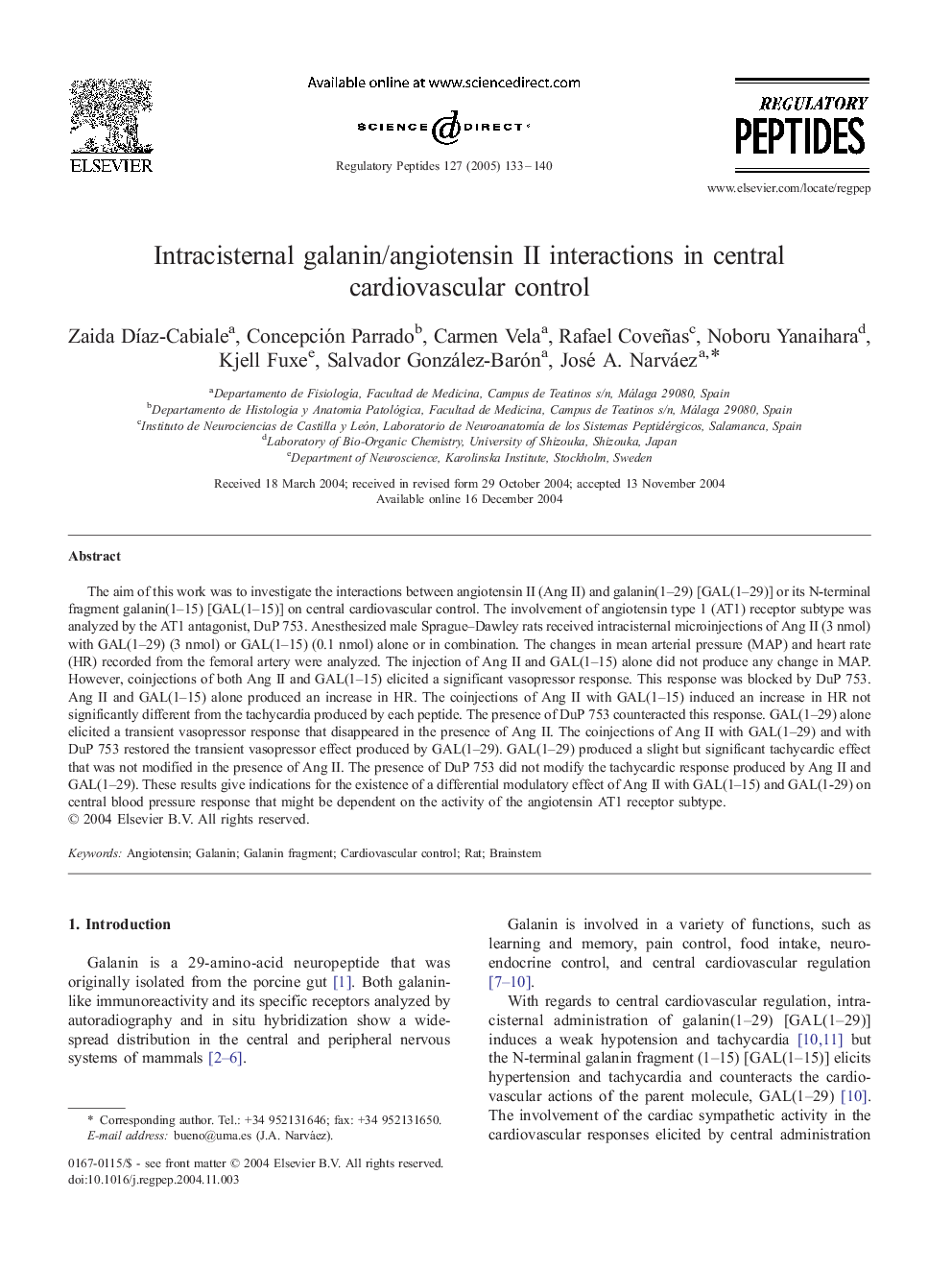 Intracisternal galanin/angiotensin II interactions in central cardiovascular control