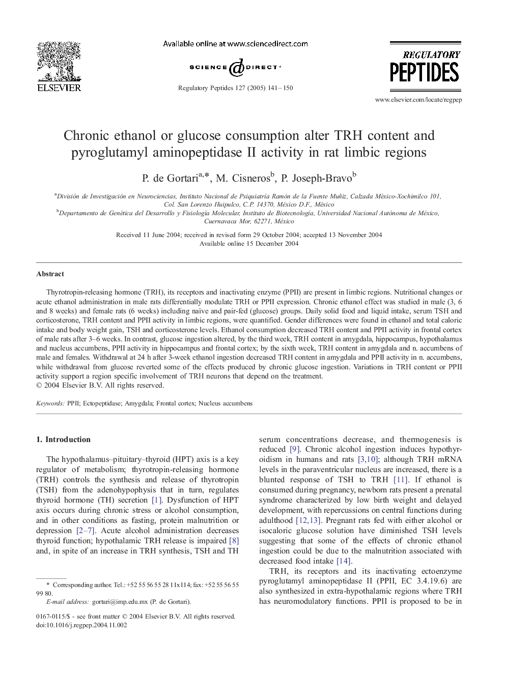 Chronic ethanol or glucose consumption alter TRH content and pyroglutamyl aminopeptidase II activity in rat limbic regions