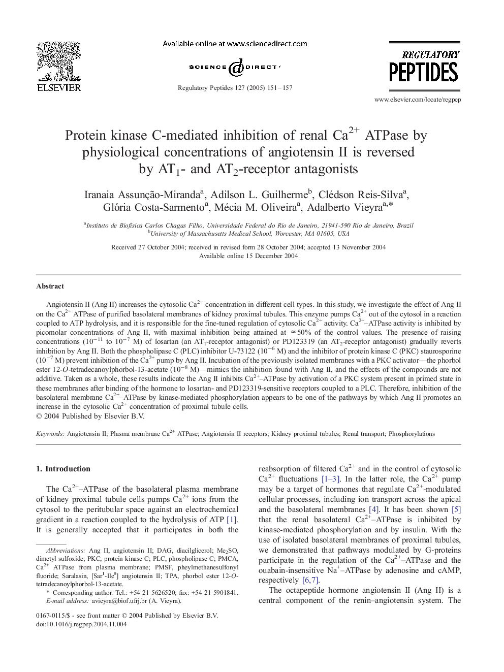 Protein kinase C-mediated inhibition of renal Ca2+ ATPase by physiological concentrations of angiotensin II is reversed by AT1- and AT2-receptor antagonists