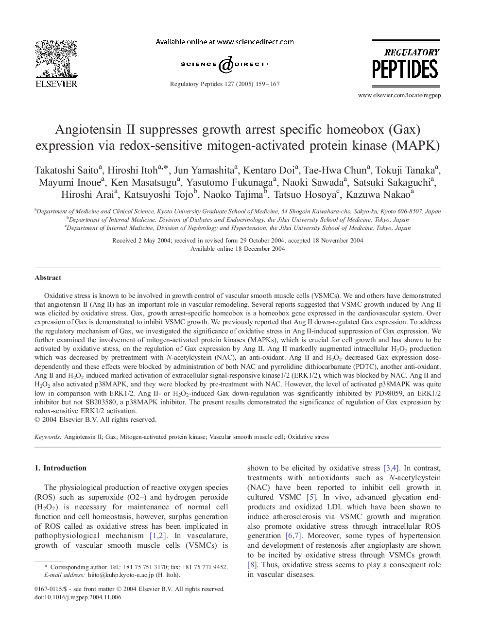 Angiotensin II suppresses growth arrest specific homeobox (Gax) expression via redox-sensitive mitogen-activated protein kinase (MAPK)