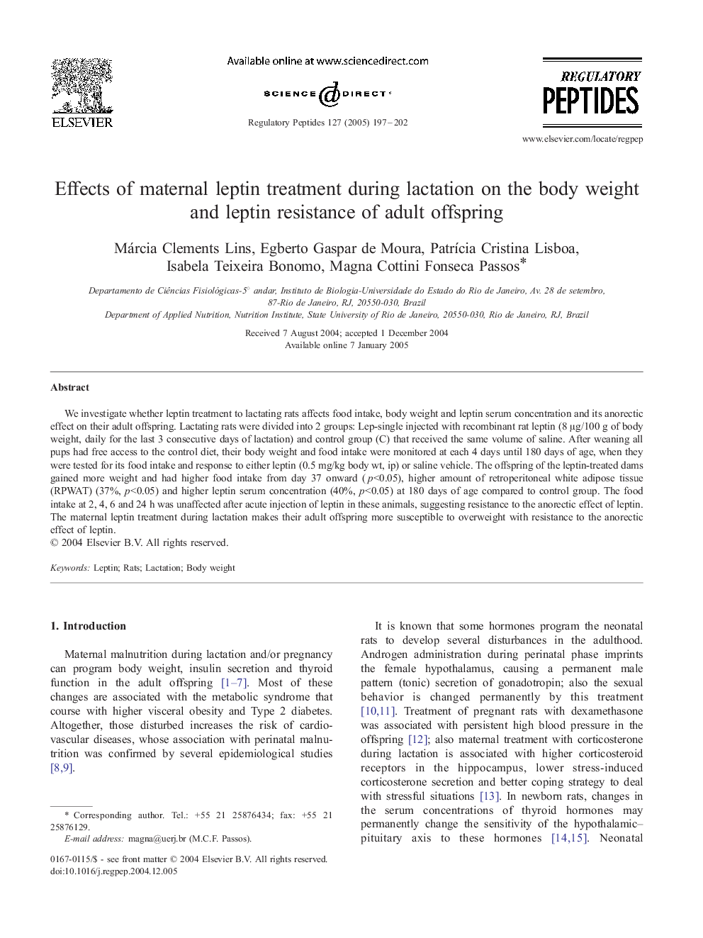 Effects of maternal leptin treatment during lactation on the body weight and leptin resistance of adult offspring