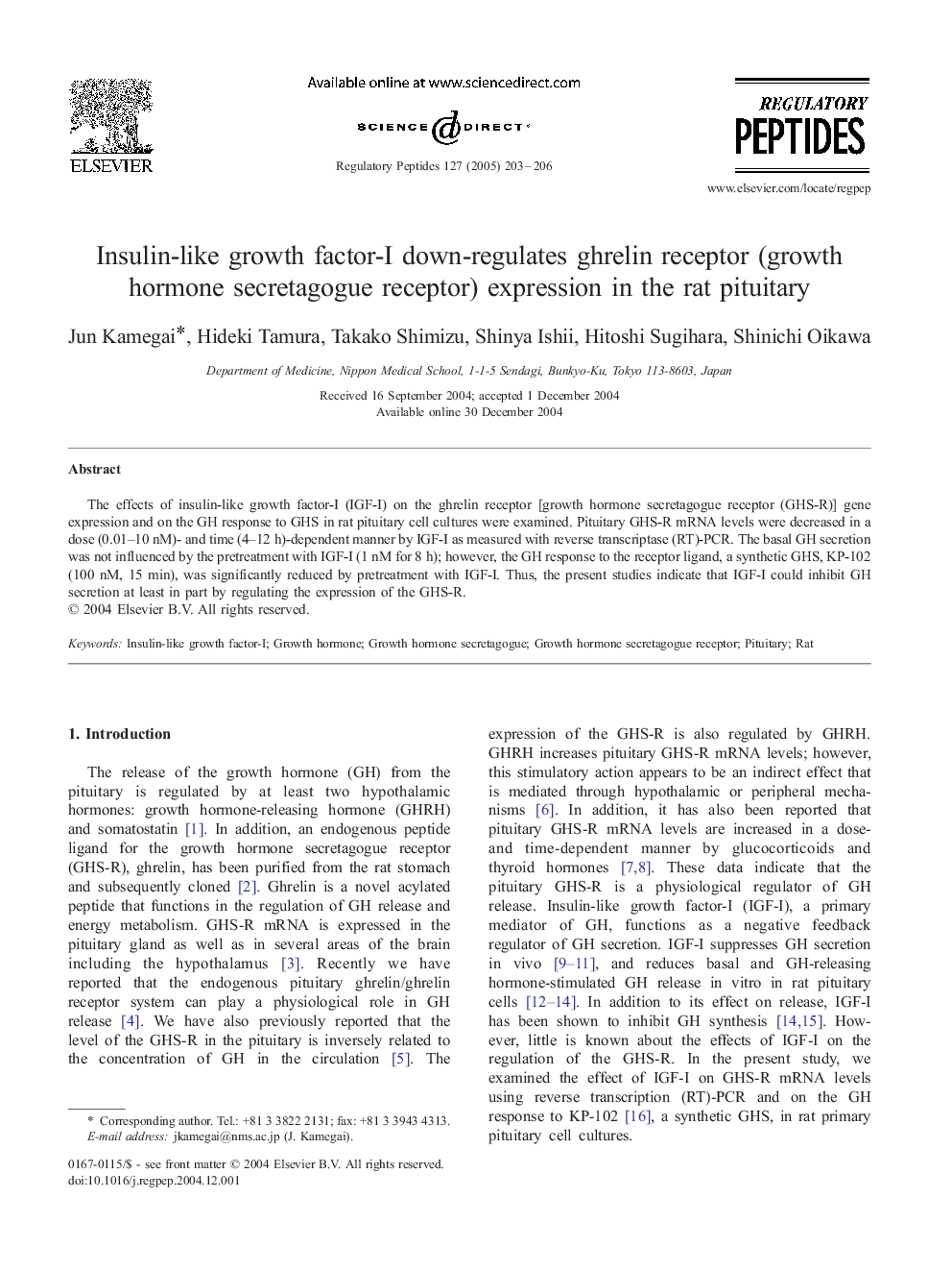 Insulin-like growth factor-I down-regulates ghrelin receptor (growth hormone secretagogue receptor) expression in the rat pituitary