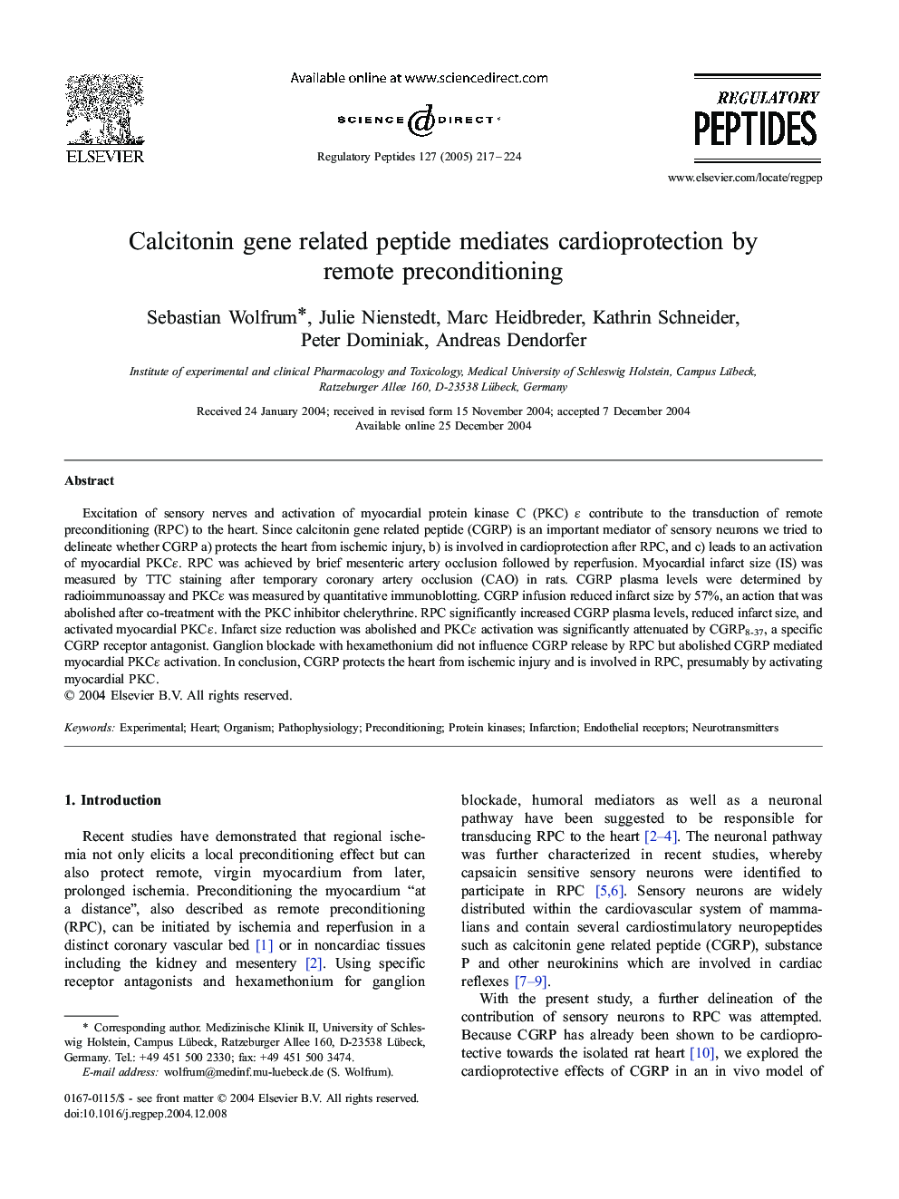 Calcitonin gene related peptide mediates cardioprotection by remote preconditioning