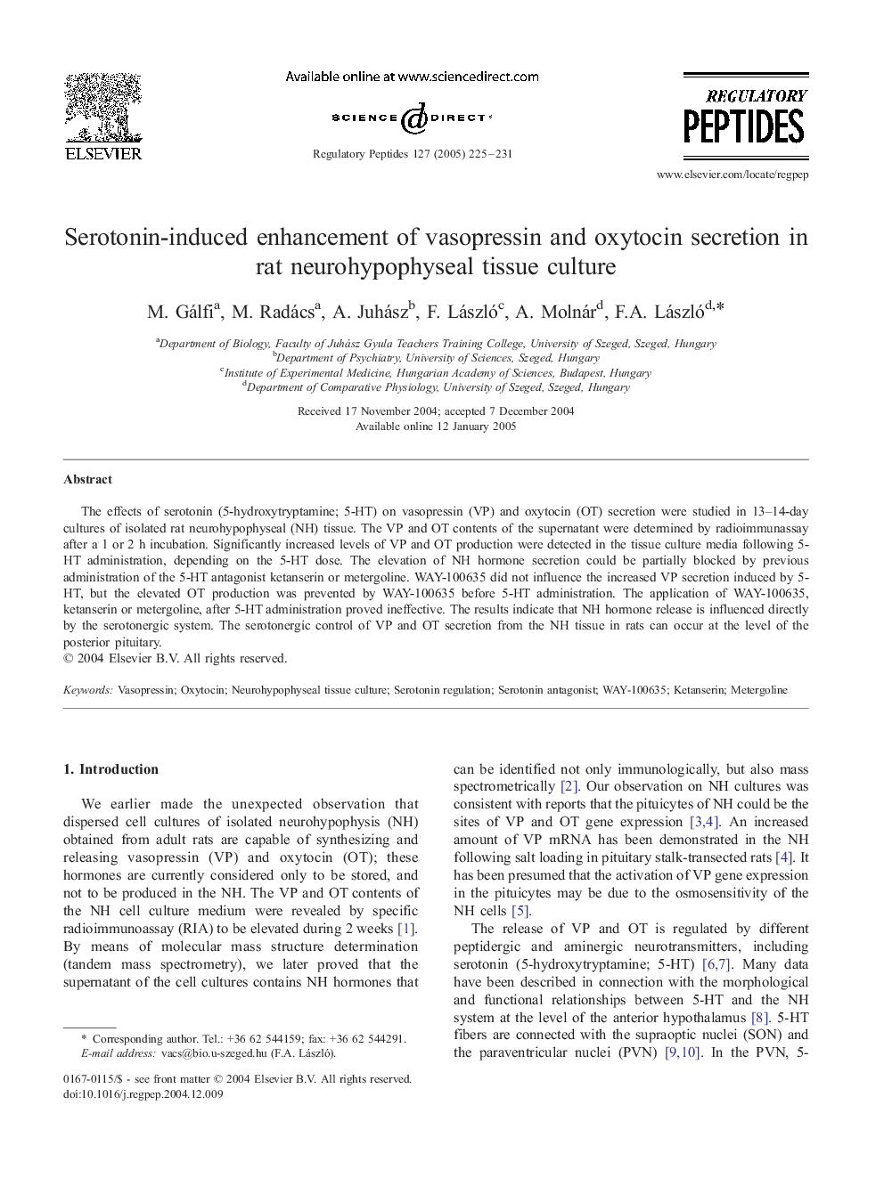 Serotonin-induced enhancement of vasopressin and oxytocin secretion in rat neurohypophyseal tissue culture