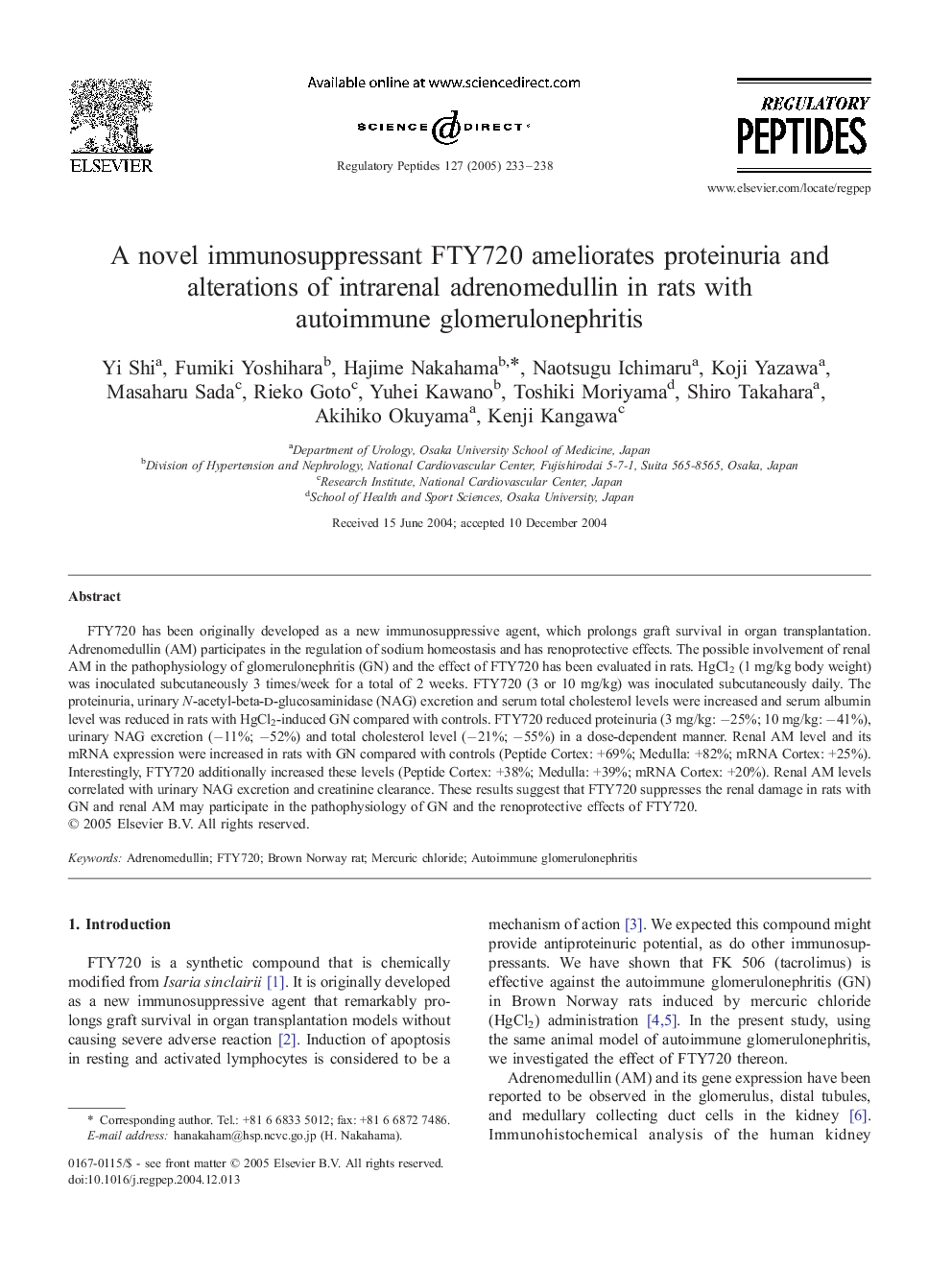 A novel immunosuppressant FTY720 ameliorates proteinuria and alterations of intrarenal adrenomedullin in rats with autoimmune glomerulonephritis