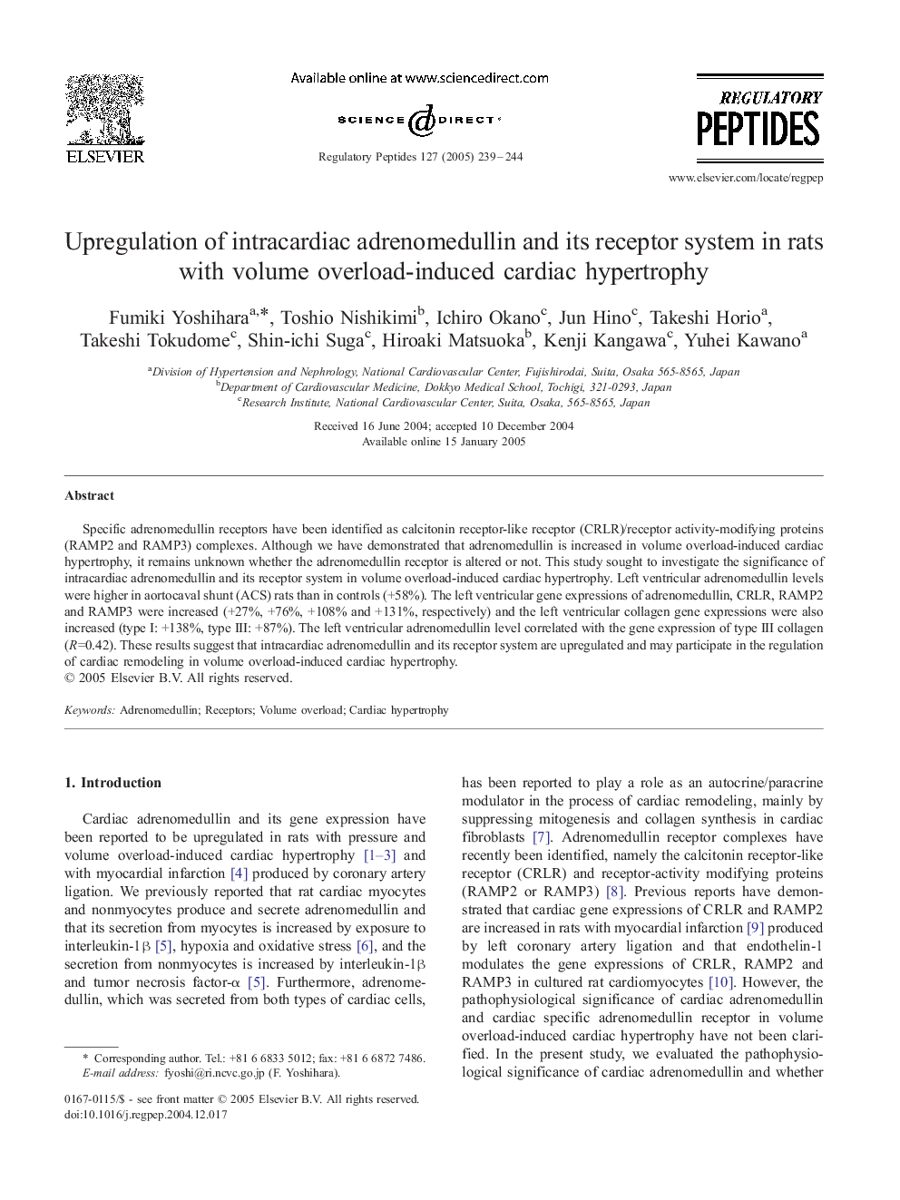 Upregulation of intracardiac adrenomedullin and its receptor system in rats with volume overload-induced cardiac hypertrophy