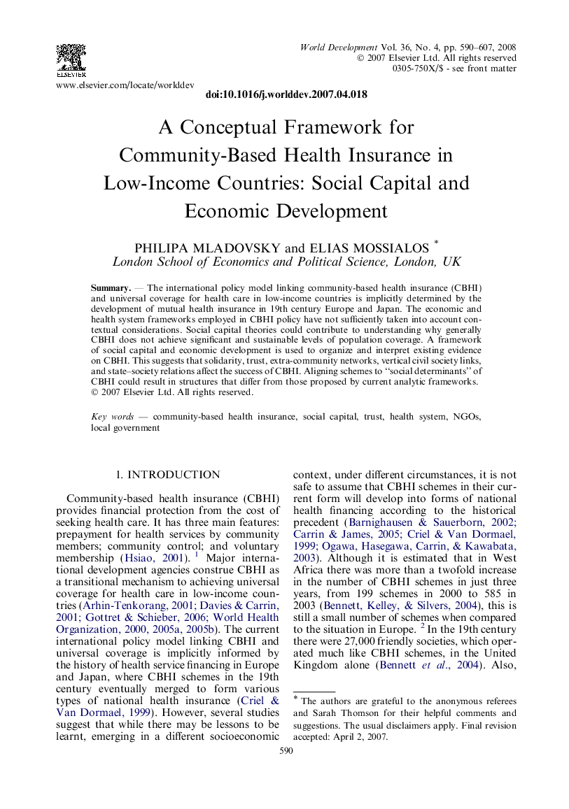 A Conceptual Framework for Community-Based Health Insurance in Low-Income Countries: Social Capital and Economic Development