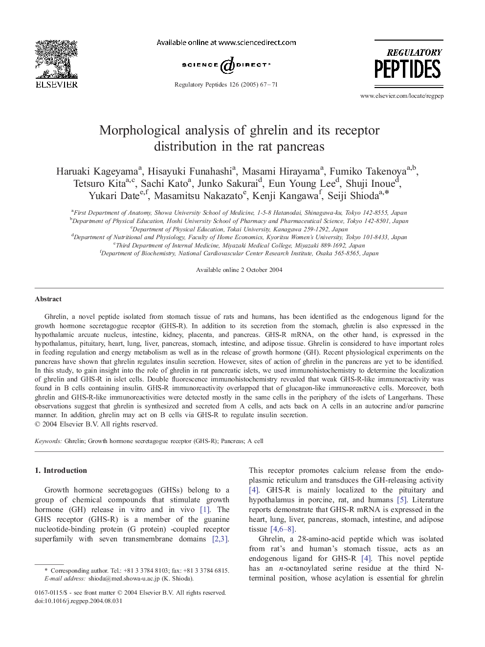 Morphological analysis of ghrelin and its receptor distribution in the rat pancreas