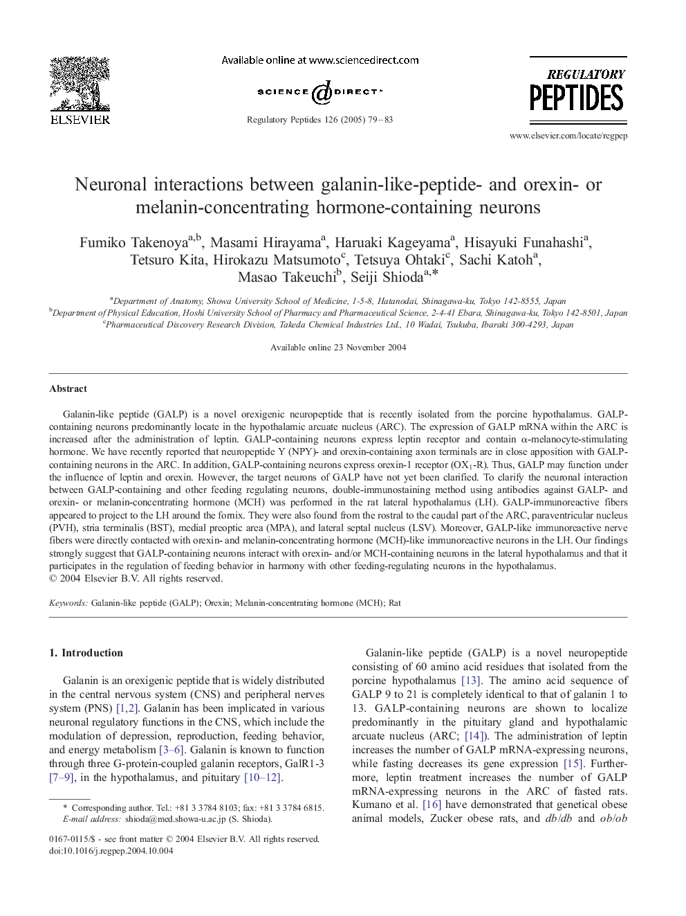 Neuronal interactions between galanin-like-peptide- and orexin- or melanin-concentrating hormone-containing neurons