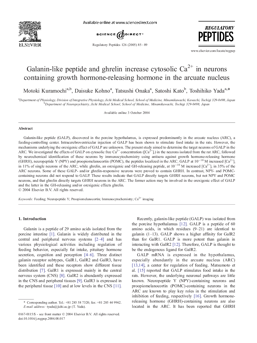 Galanin-like peptide and ghrelin increase cytosolic Ca2+ in neurons containing growth hormone-releasing hormone in the arcuate nucleus