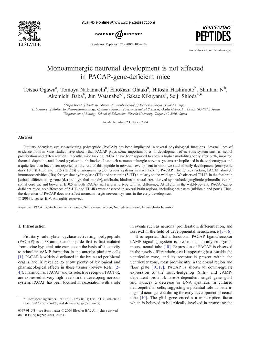 Monoaminergic neuronal development is not affected in PACAP-gene-deficient mice