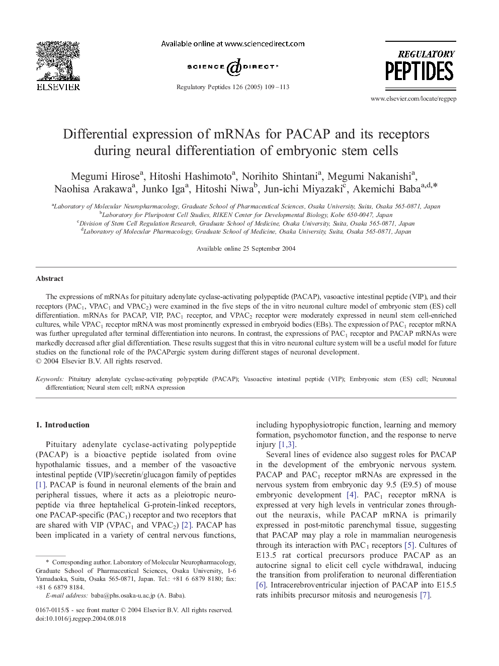 Differential expression of mRNAs for PACAP and its receptors during neural differentiation of embryonic stem cells