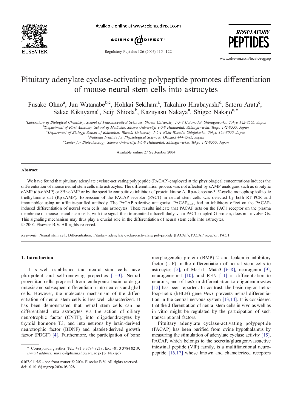 Pituitary adenylate cyclase-activating polypeptide promotes differentiation of mouse neural stem cells into astrocytes