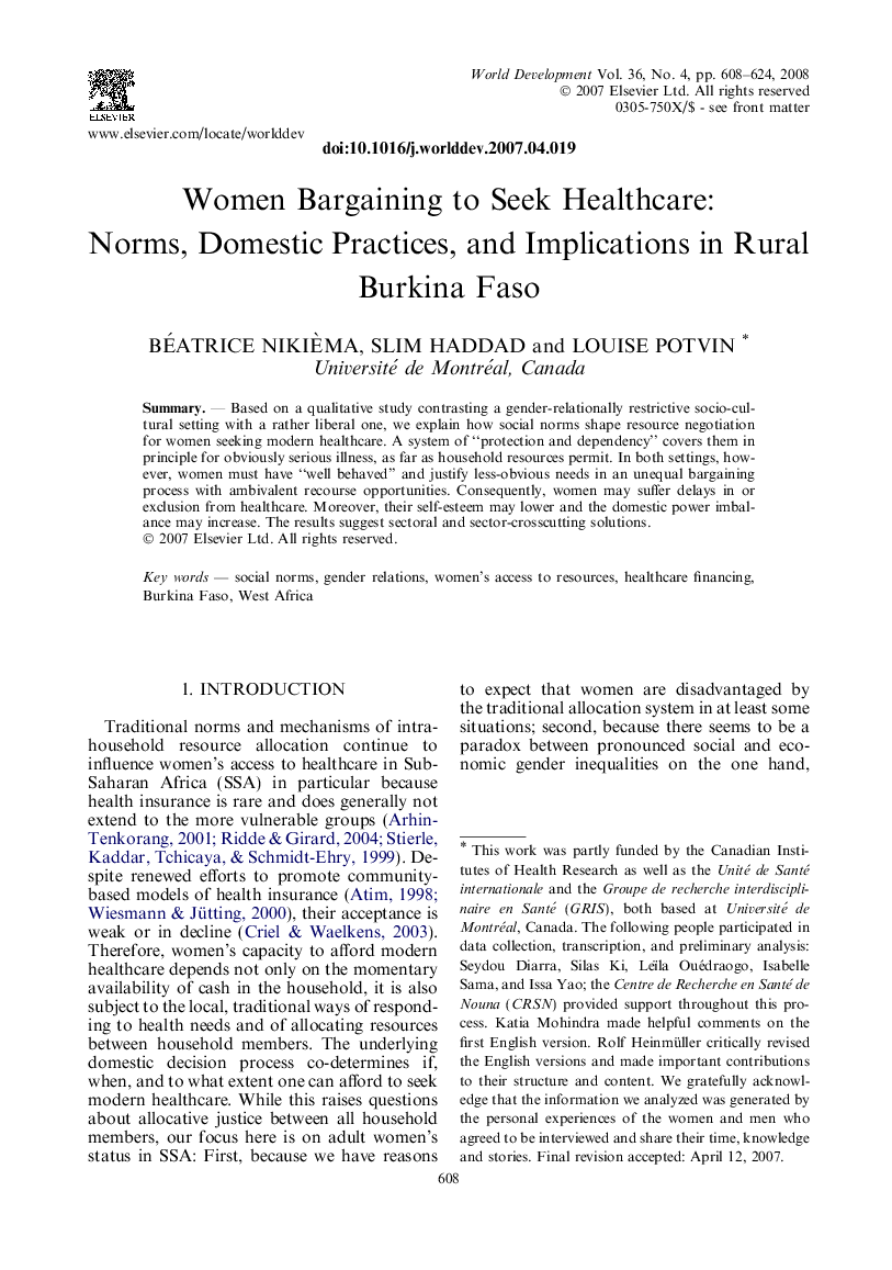 Women Bargaining to Seek Healthcare: Norms, Domestic Practices, and Implications in Rural Burkina Faso