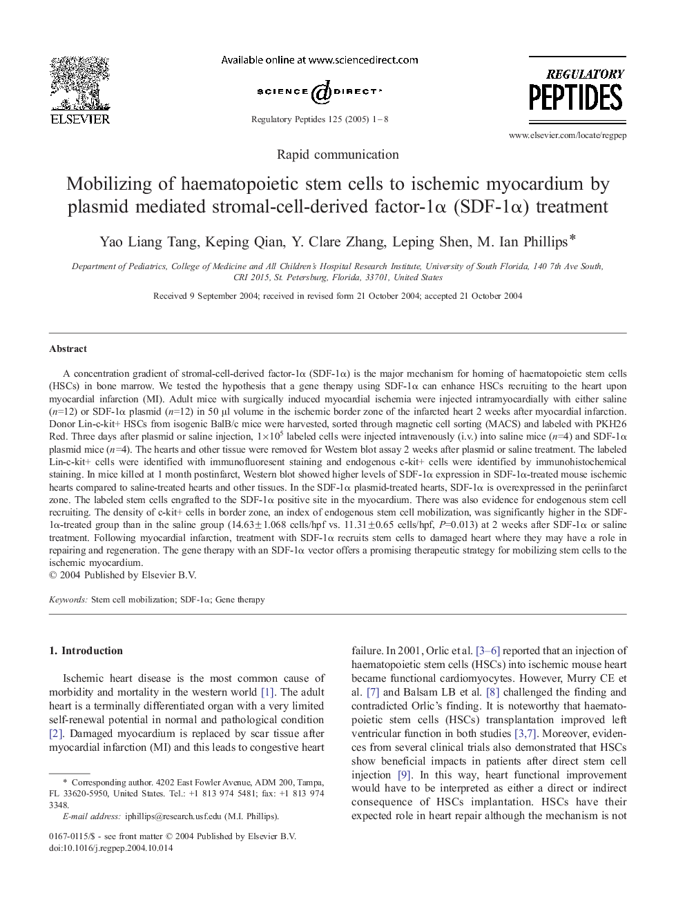 Mobilizing of haematopoietic stem cells to ischemic myocardium by plasmid-mediated stromal-cell-derived factor-1Î± treatment