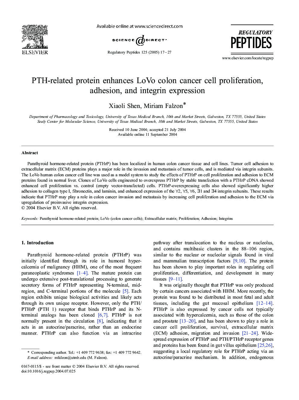 PTH-related protein enhances LoVo colon cancer cell proliferation, adhesion, and integrin expression