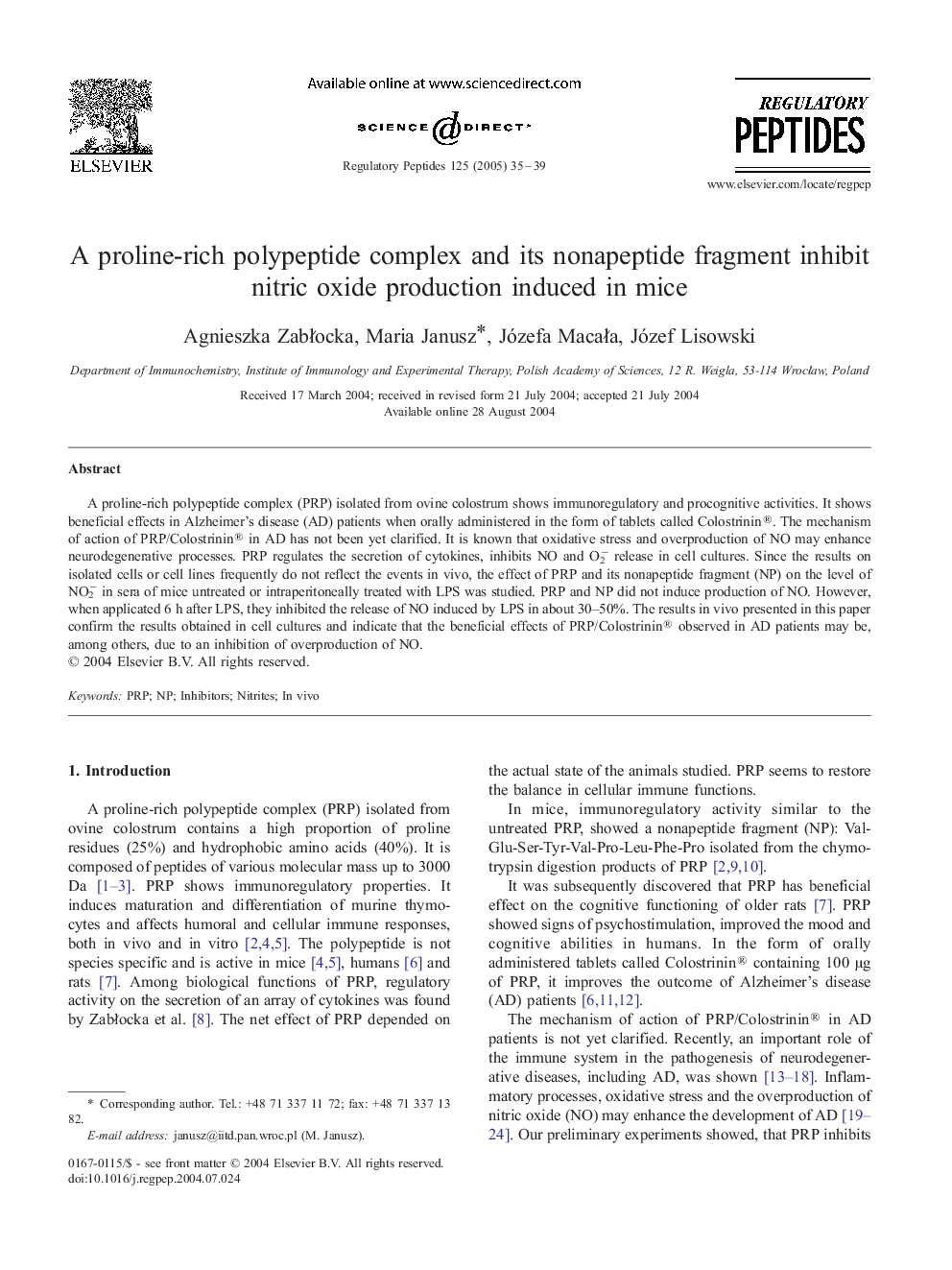 A proline-rich polypeptide complex and its nonapeptide fragment inhibit nitric oxide production induced in mice