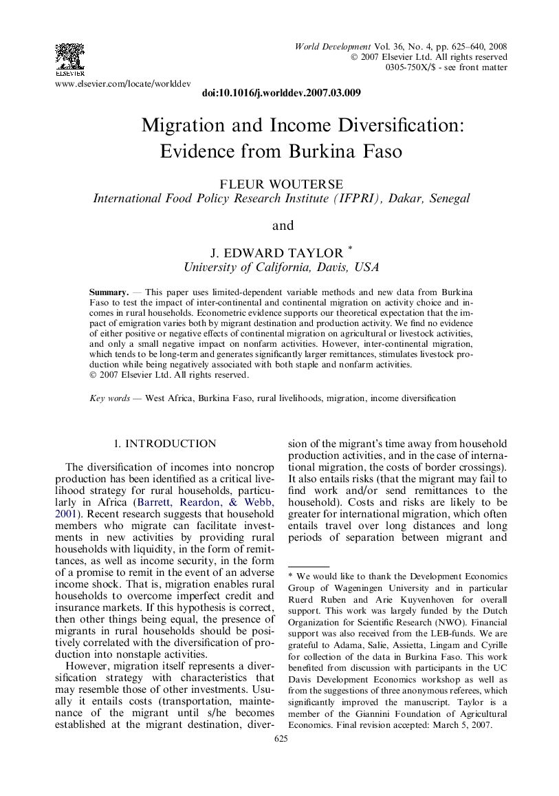 Migration and Income Diversification: ∗: Evidence from Burkina Faso