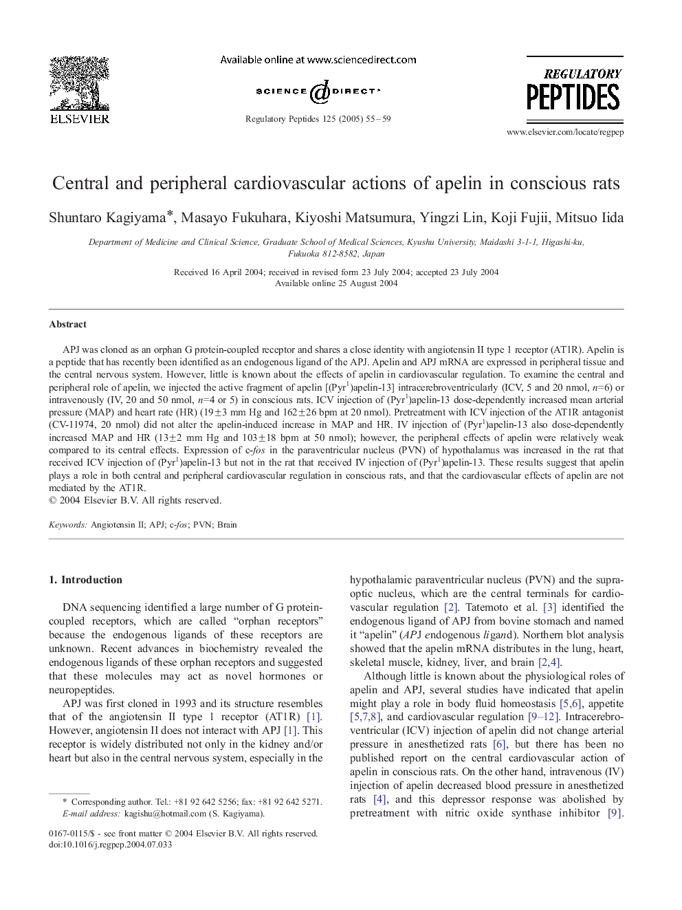 Central and peripheral cardiovascular actions of apelin in conscious rats