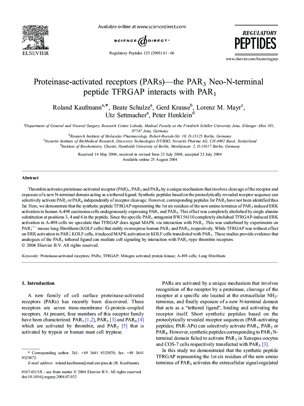 Proteinase-activated receptors (PARs)-the PAR3 Neo-N-terminal peptide TFRGAP interacts with PAR1