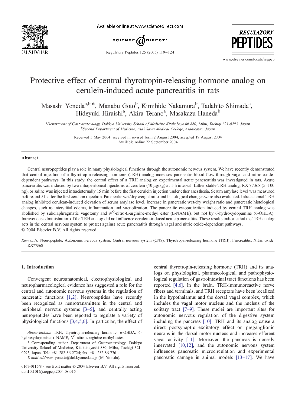 Protective effect of central thyrotropin-releasing hormone analog on cerulein-induced acute pancreatitis in rats