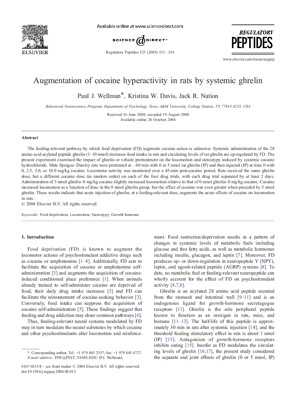 Augmentation of cocaine hyperactivity in rats by systemic ghrelin