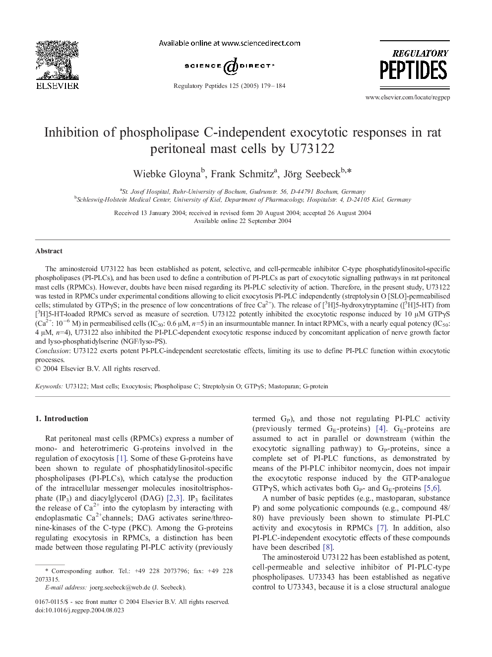 Inhibition of phospholipase C-independent exocytotic responses in rat peritoneal mast cells by U73122