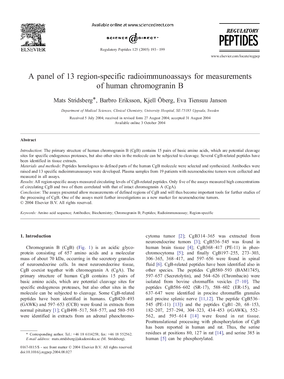 A panel of 13 region-specific radioimmunoassays for measurements of human chromogranin B