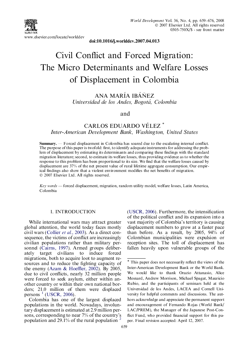 Civil Conflict and Forced Migration: The Micro Determinants and Welfare Losses of Displacement in Colombia