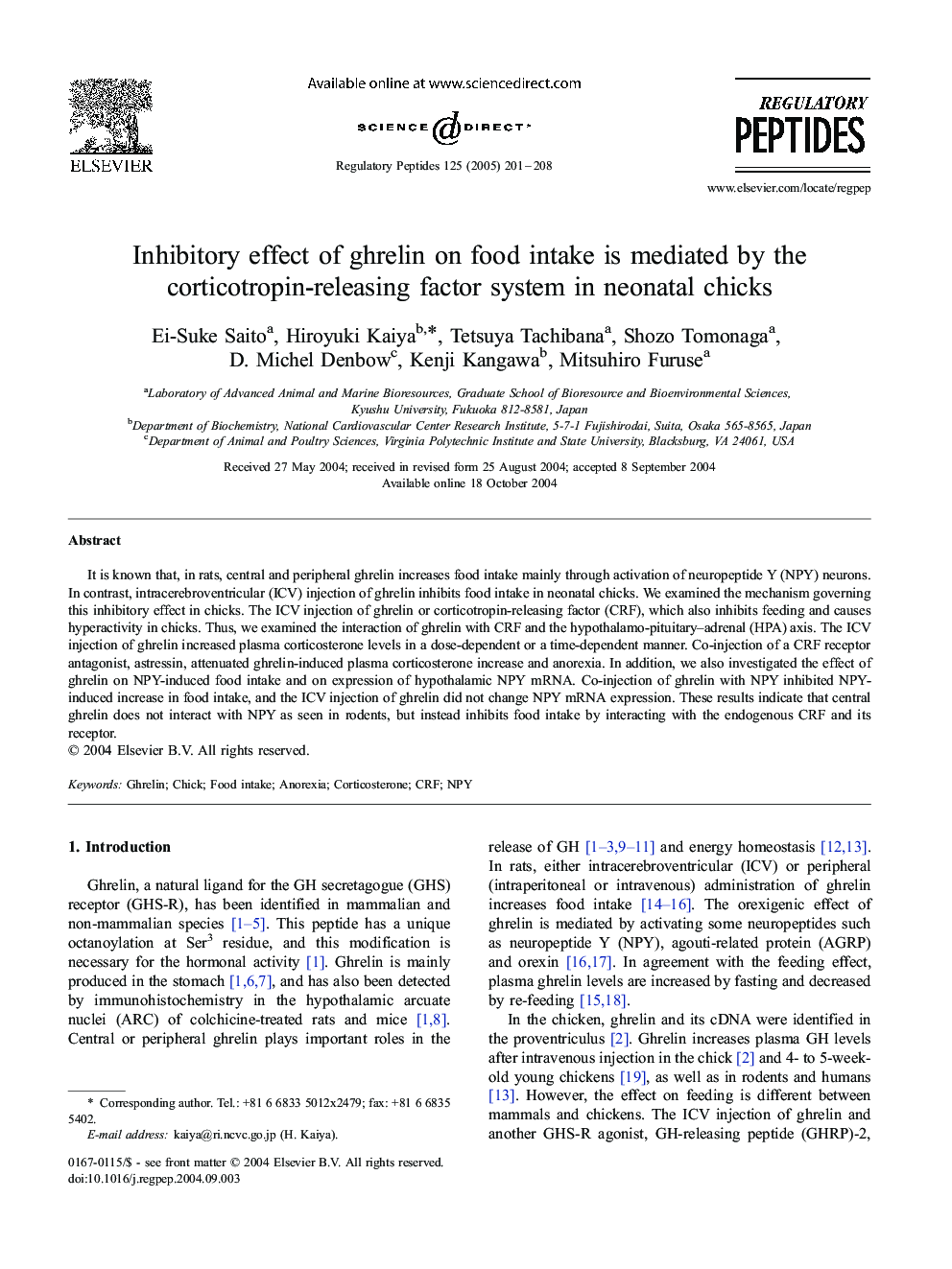 Inhibitory effect of ghrelin on food intake is mediated by the corticotropin-releasing factor system in neonatal chicks