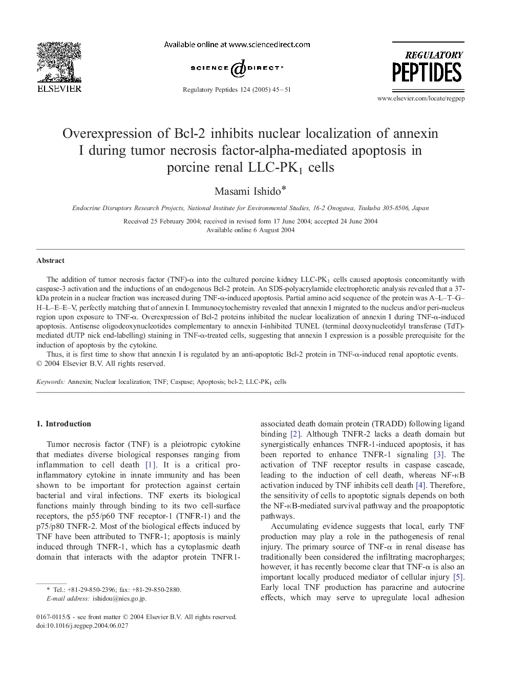 Overexpression of Bcl-2 inhibits nuclear localization of annexin I during tumor necrosis factor-alpha-mediated apoptosis in porcine renal LLC-PK1 cells