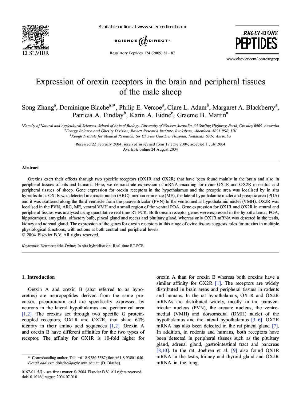 Expression of orexin receptors in the brain and peripheral tissues of the male sheep