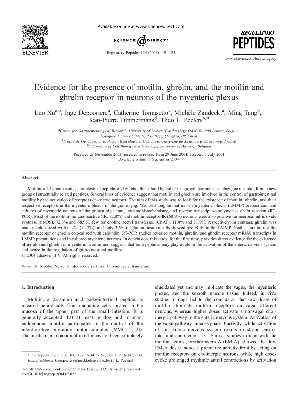 Evidence for the presence of motilin, ghrelin, and the motilin and ghrelin receptor in neurons of the myenteric plexus