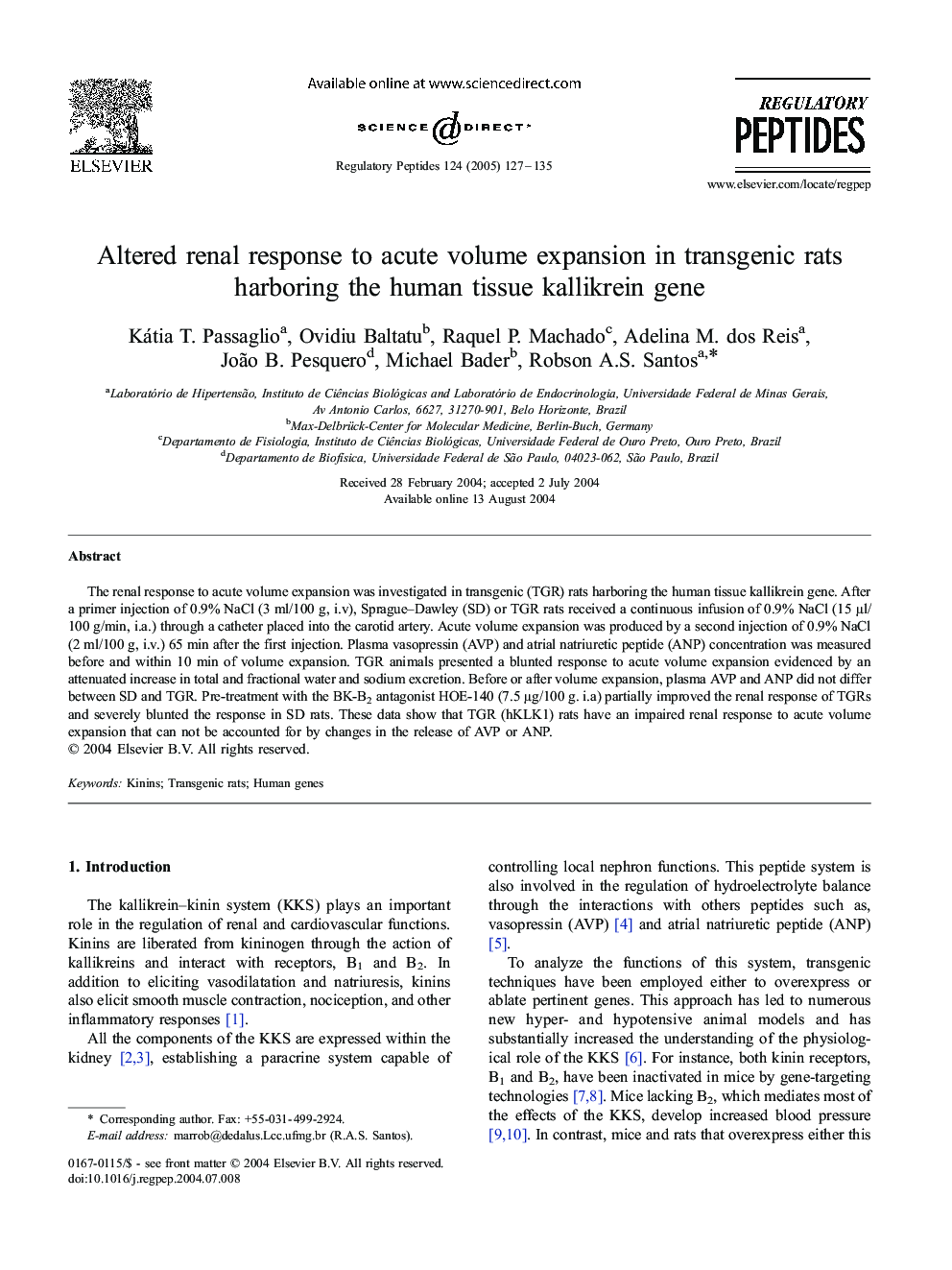 Altered renal response to acute volume expansion in transgenic rats harboring the human tissue kallikrein gene