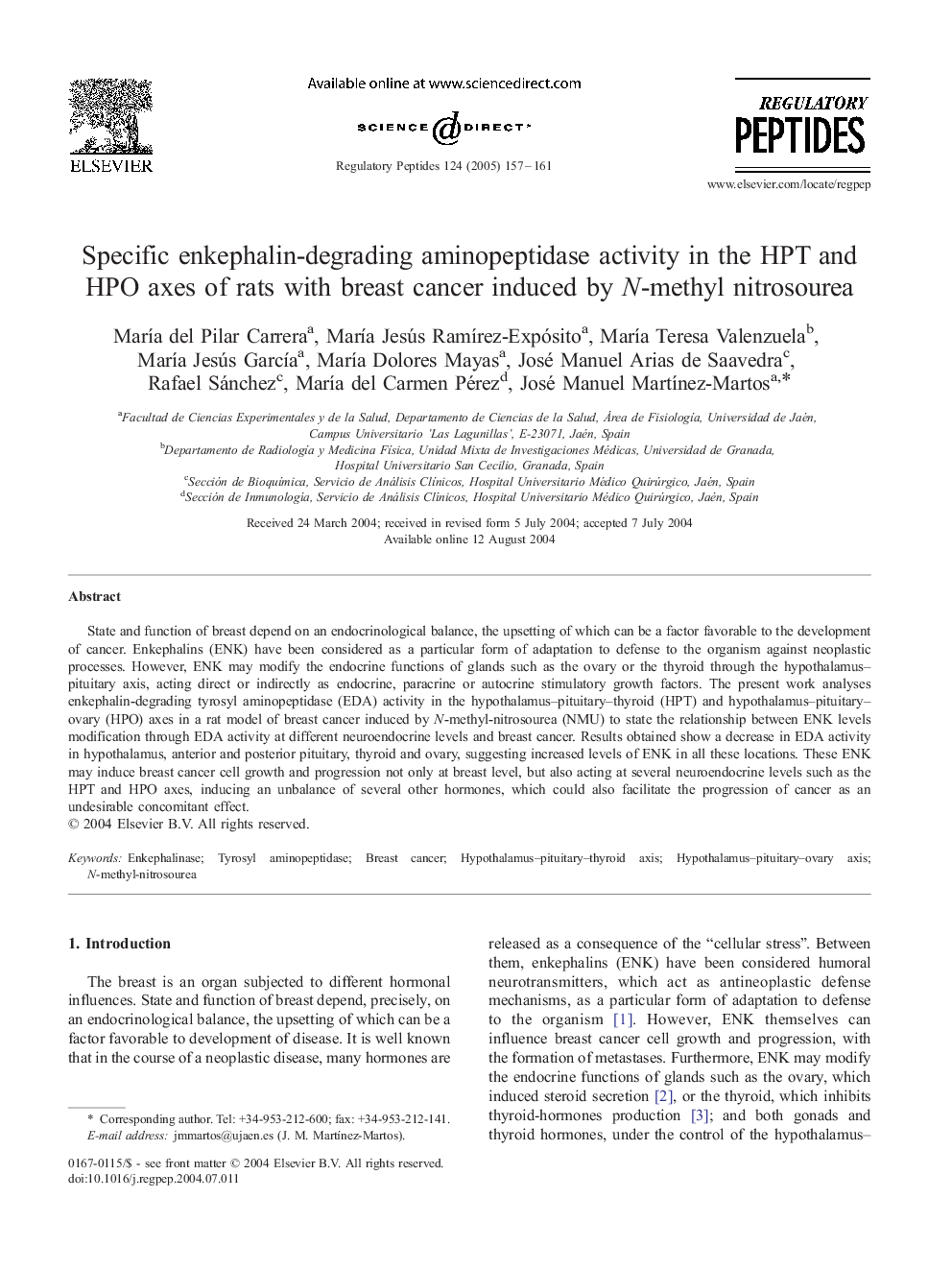 Specific enkephalin-degrading aminopeptidase activity in the HPT and HPO axes of rats with breast cancer induced by N-methyl nitrosourea