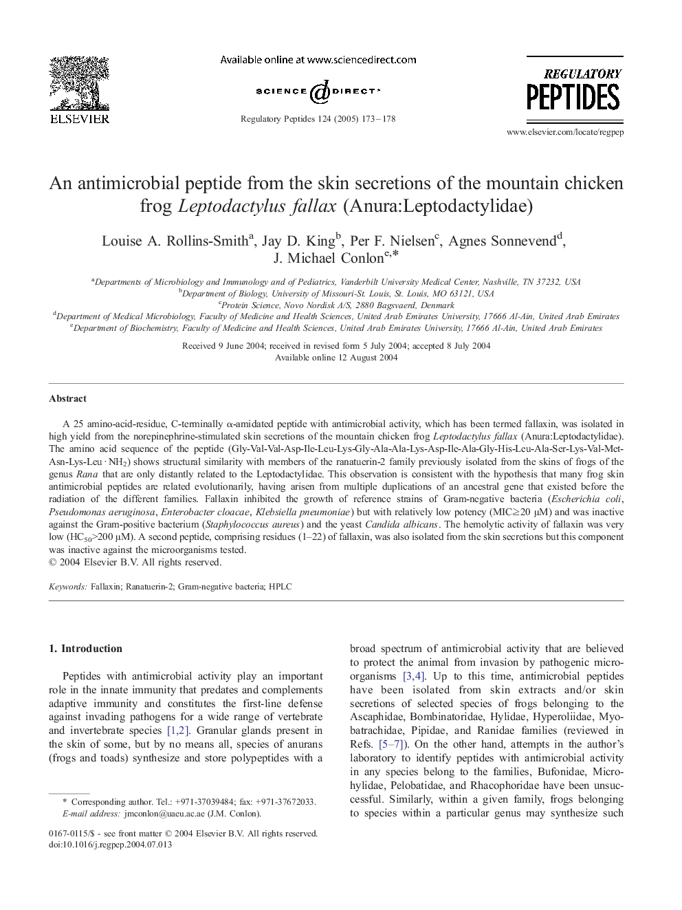 An antimicrobial peptide from the skin secretions of the mountain chicken frog Leptodactylus fallax (Anura:Leptodactylidae)