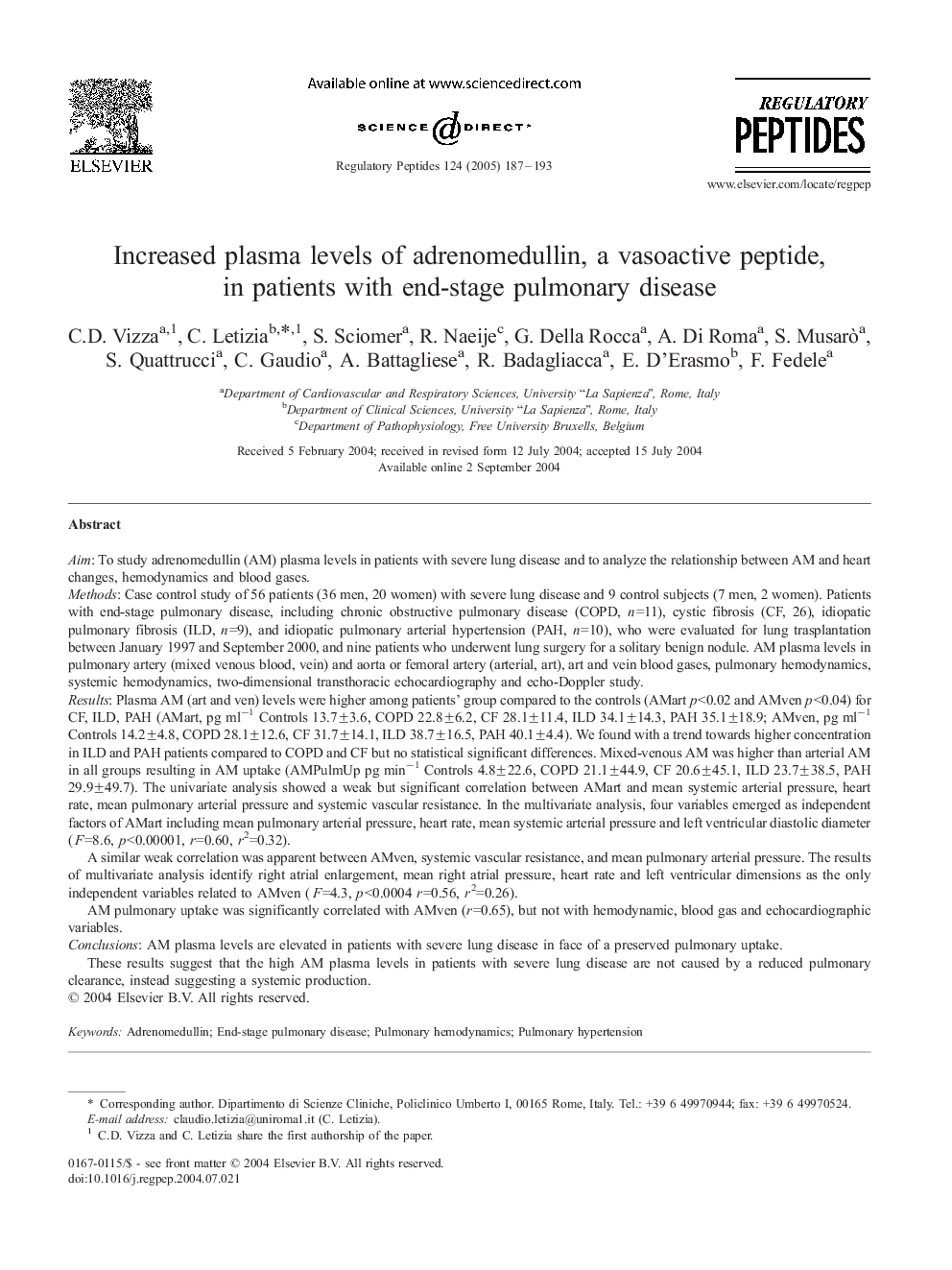 Increased plasma levels of adrenomedullin, a vasoactive peptide, in patients with end-stage pulmonary disease