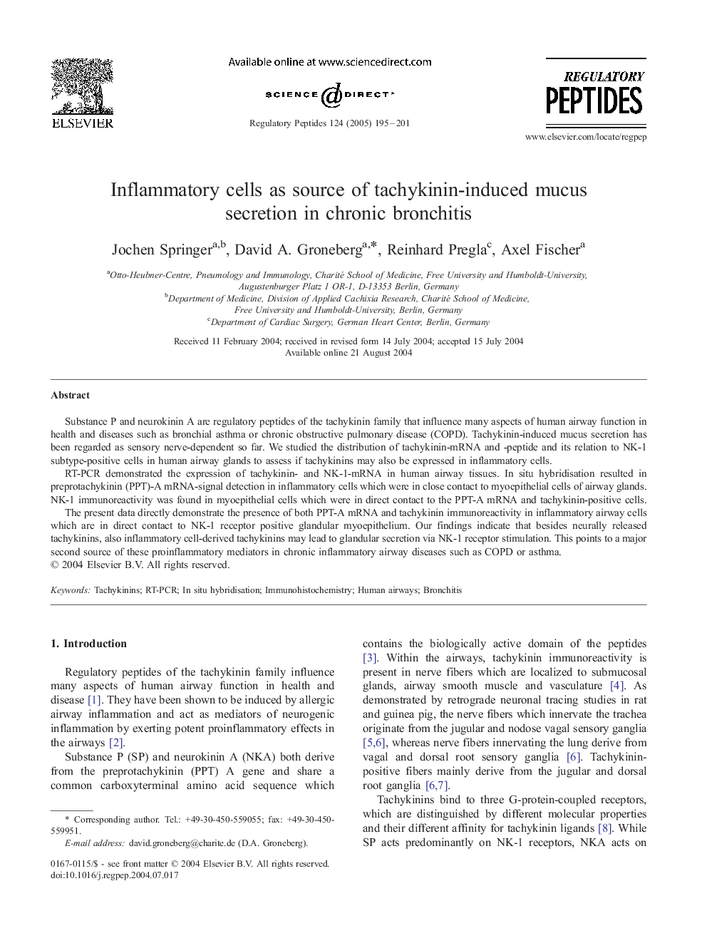 Inflammatory cells as source of tachykinin-induced mucus secretion in chronic bronchitis