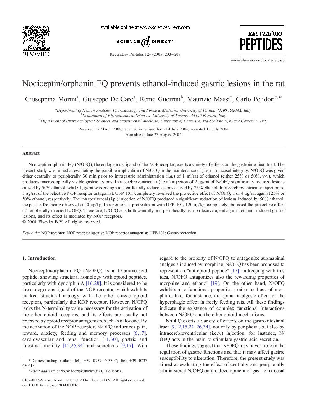 Nociceptin/orphanin FQ prevents ethanol-induced gastric lesions in the rat