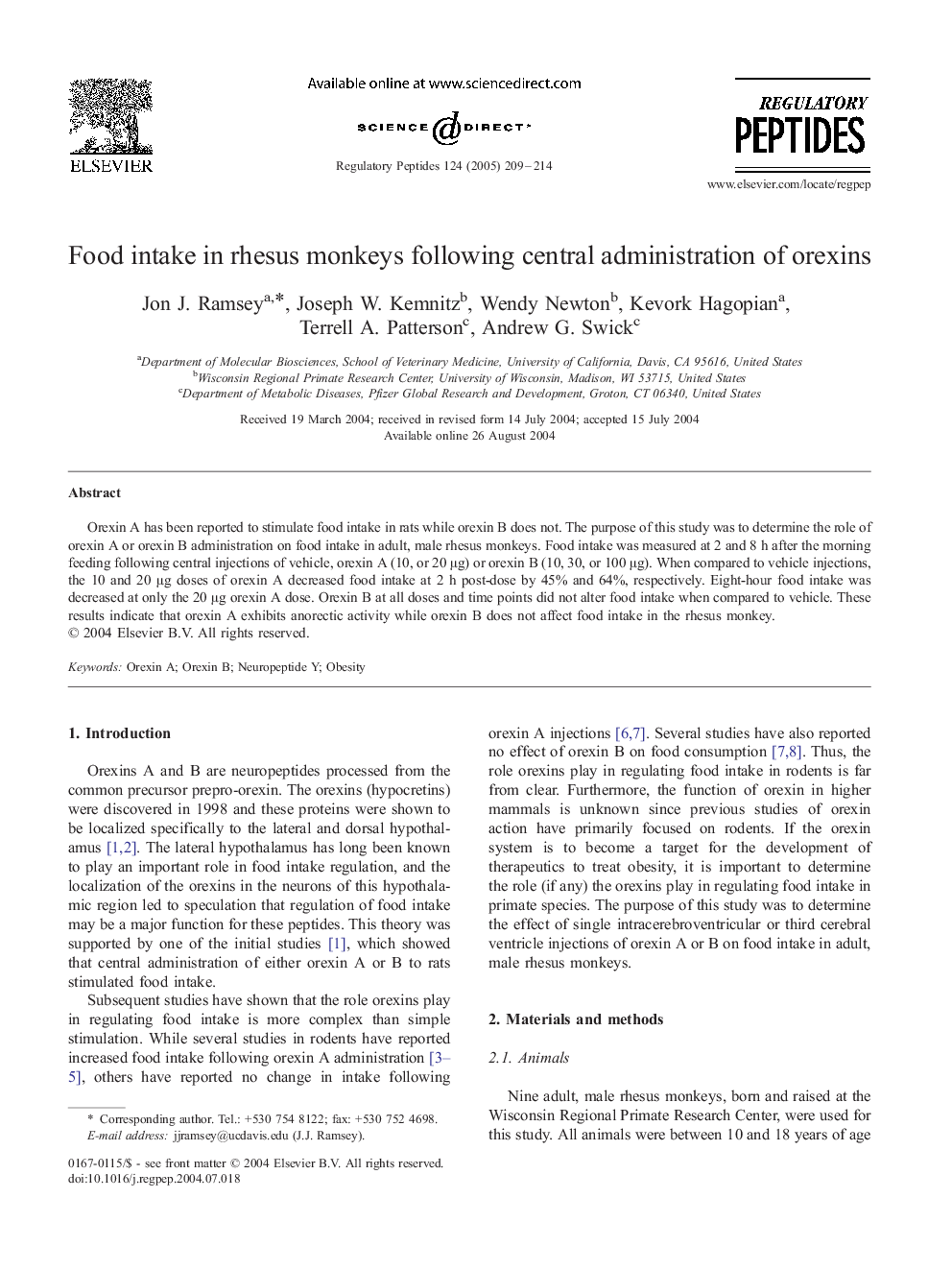 Food intake in rhesus monkeys following central administration of orexins