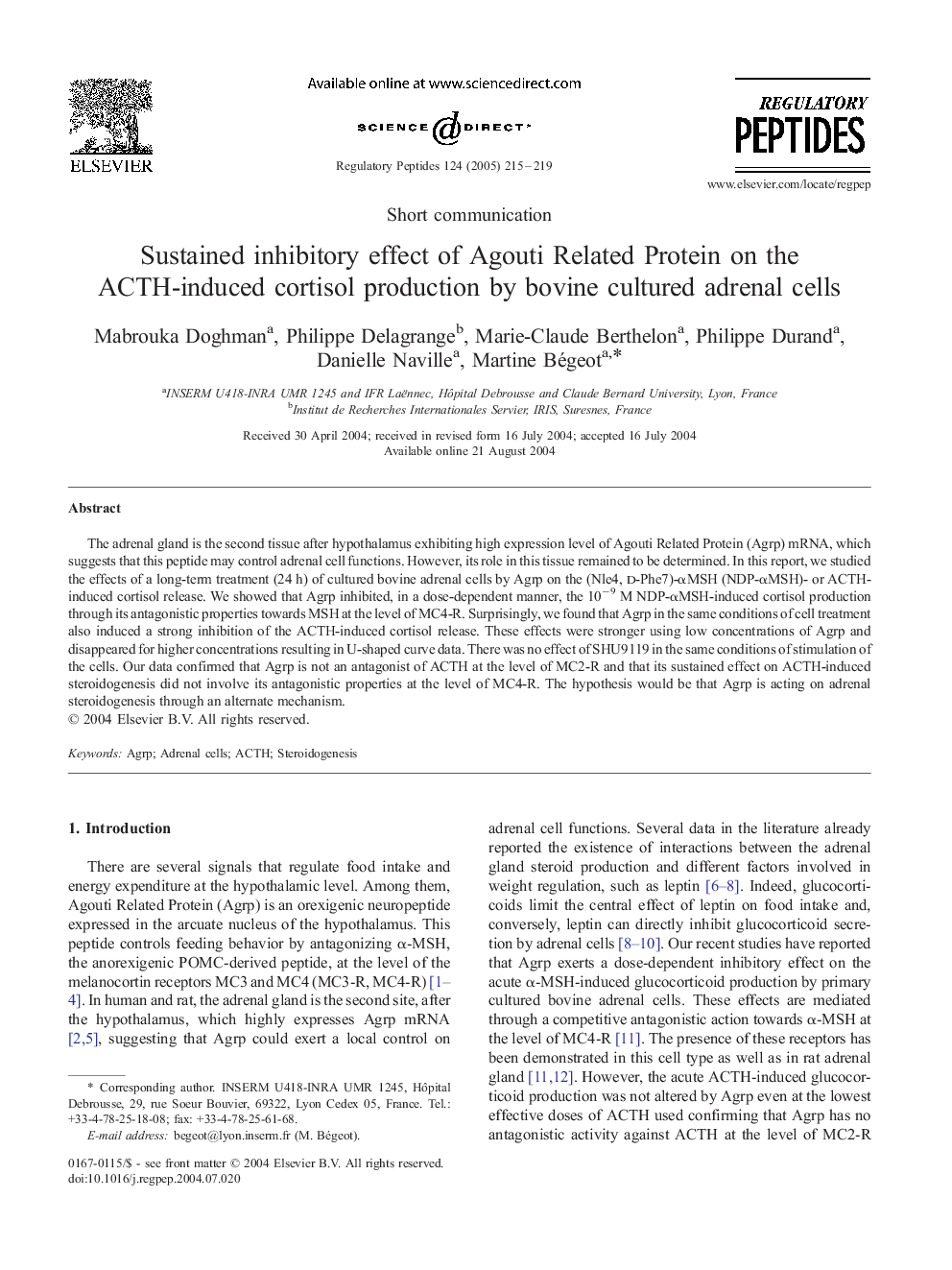 Sustained inhibitory effect of Agouti Related Protein on the ACTH-induced cortisol production by bovine cultured adrenal cells