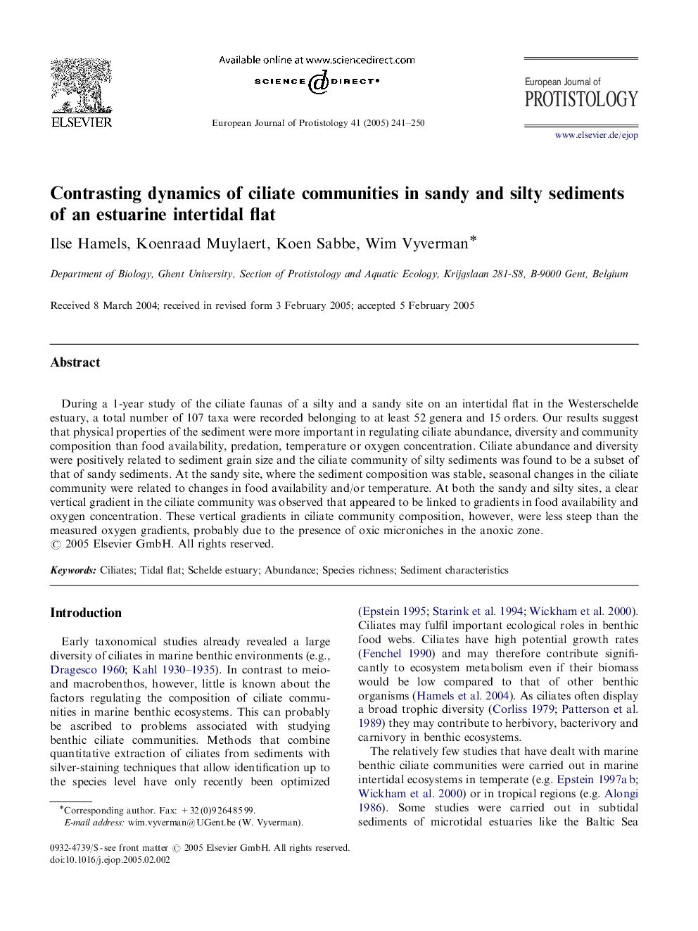 Contrasting dynamics of ciliate communities in sandy and silty sediments of an estuarine intertidal flat