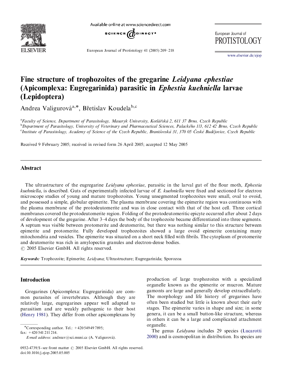 Fine structure of trophozoites of the gregarine Leidyana ephestiae (Apicomplexa: Eugregarinida) parasitic in Ephestia kuehniella larvae (Lepidoptera)