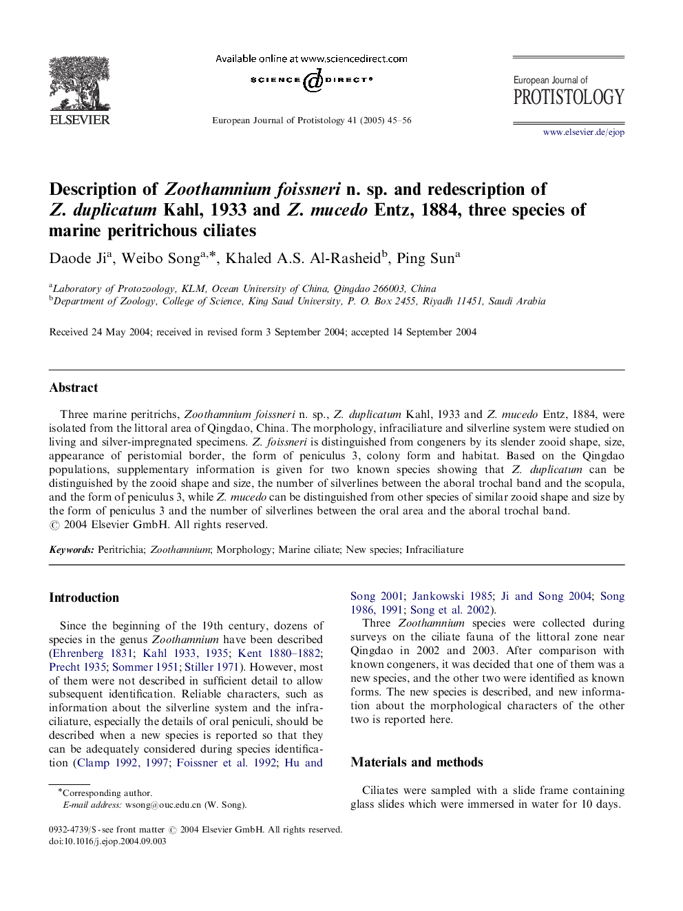 Description of Zoothamnium foissneri n. sp. and redescription of Z. duplicatum Kahl, 1933 and Z. mucedo Entz, 1884, three species of marine peritrichous ciliates