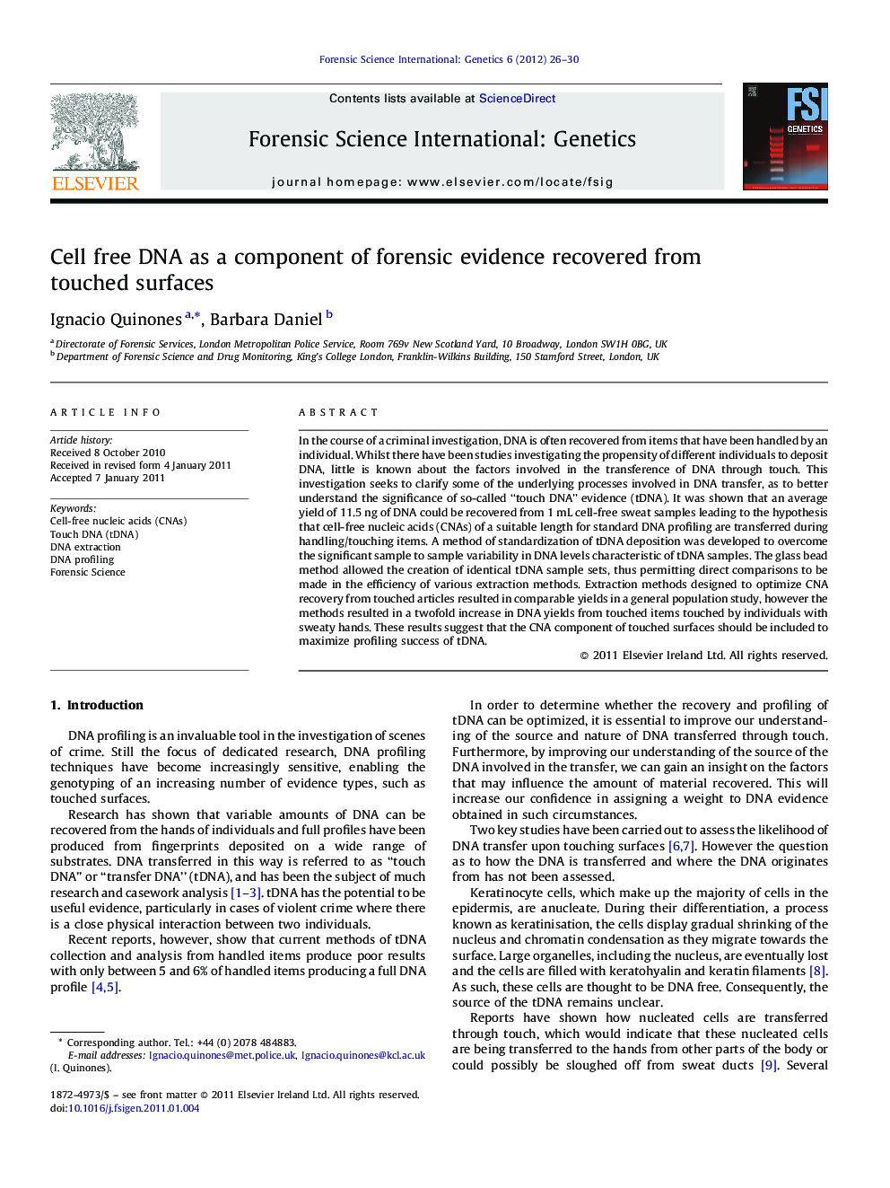 Cell free DNA as a component of forensic evidence recovered from touched surfaces