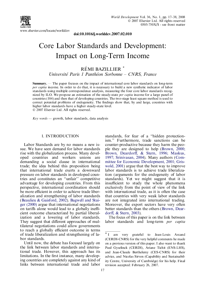 Core Labor Standards and Development: Impact on Long-Term Income